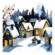 Cozy Winter Village Watercolor Christmas Wall Art