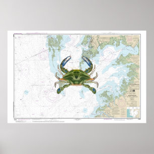 Affiche Crabe bleu avec carte marine de la baie Chesapeake