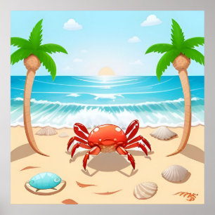 Affiche Crabe de dessin animé, Palmiers et Coquillages