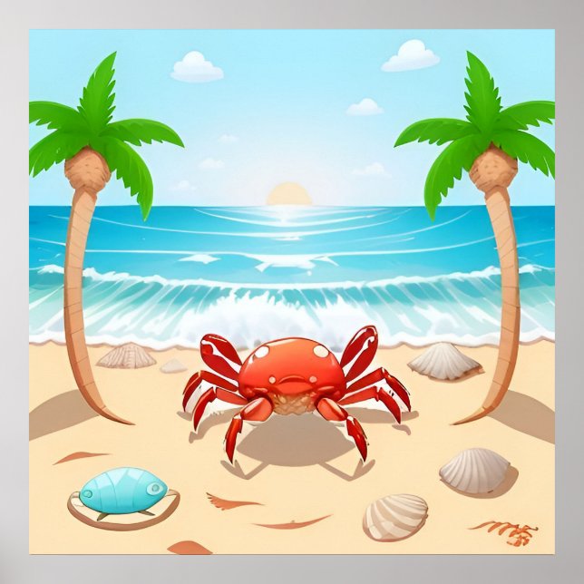Affiche Crabe de dessin animé, Palmiers et Coquillages (Devant)