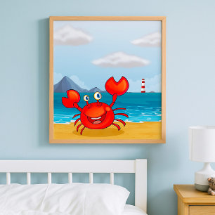 Affiche Crabe heureux sur la plage avec phare