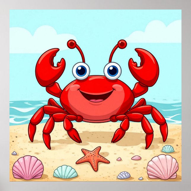 Affiche Crabe rouge caricaturale gai sur une plage avec co (Devant)