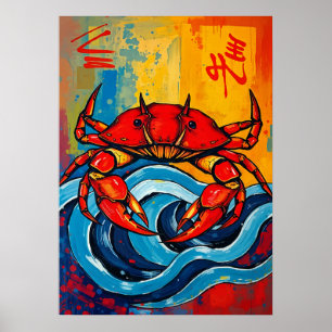 Affiche Crabe Rouge Gras Art de Vague Japonaise