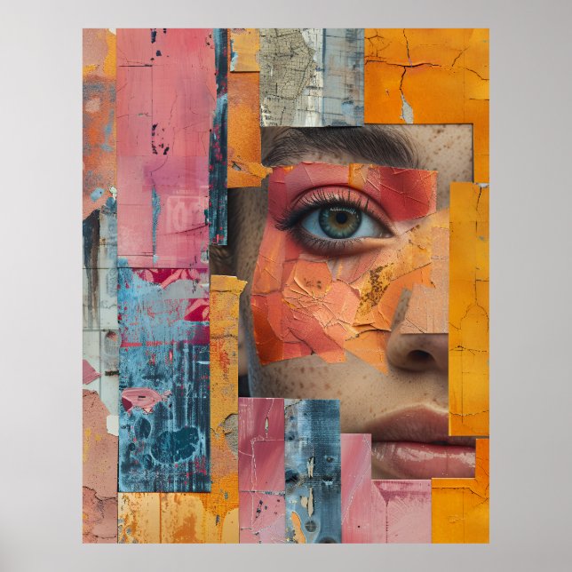 Affiche Cracked Paint Face Collage Vibrant Portrait (Devant)