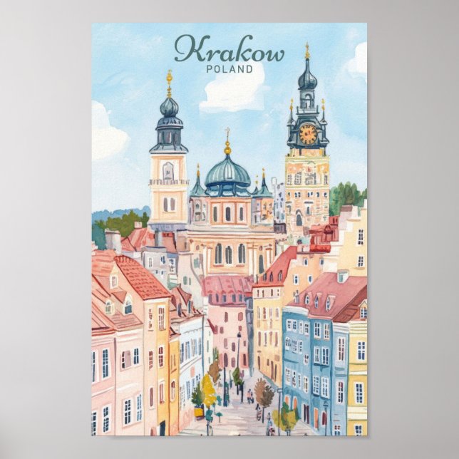 Affiche Cracovie Pologne Gouache Illustration Voyage (Devant)