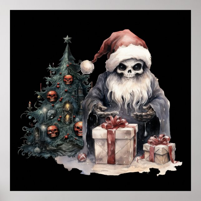 Affiche Crâne à Santa chapeau avec arbre de Noël gothique (Devant)