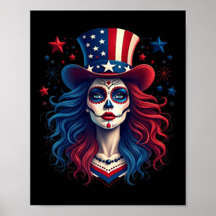 Affiche Crâne à sucre 4 juillet Drapeau américain Squelett