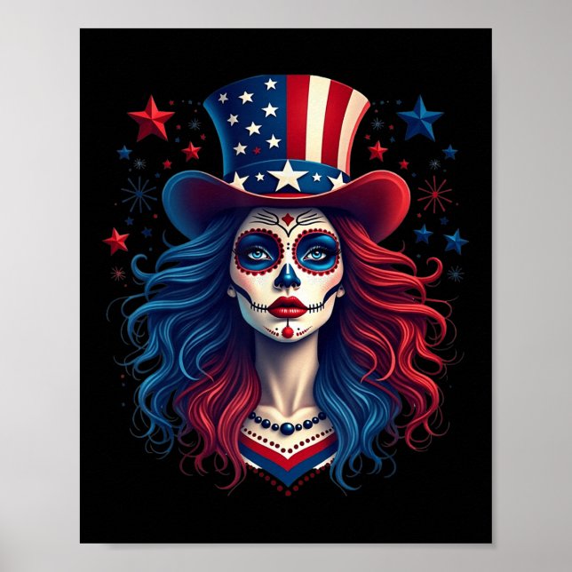 Affiche Crâne à sucre 4 juillet Drapeau américain Squelett (Devant)