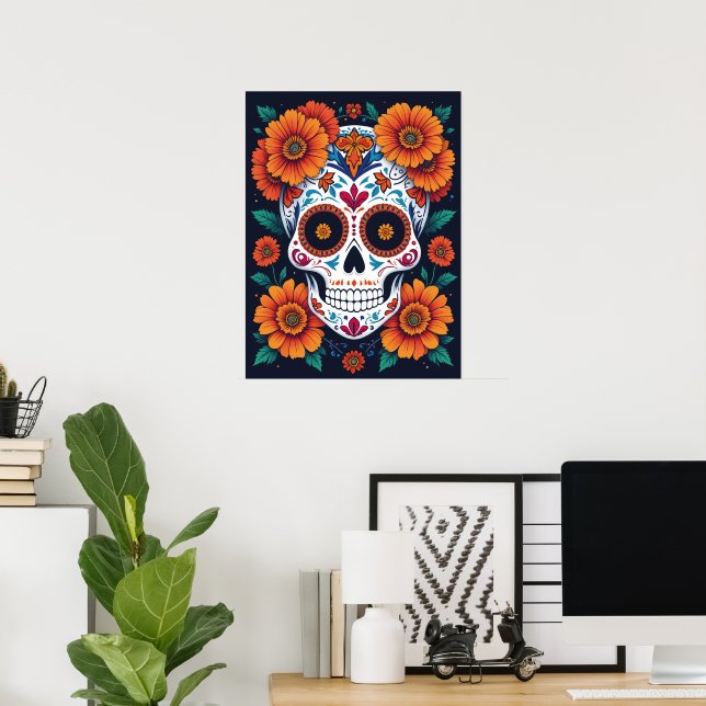 Affiche Crâne à sucre coloré avec Marigolds (Bureau à domicile)