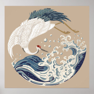 Affiche Crane and Japanese wave illustration. Traditional 