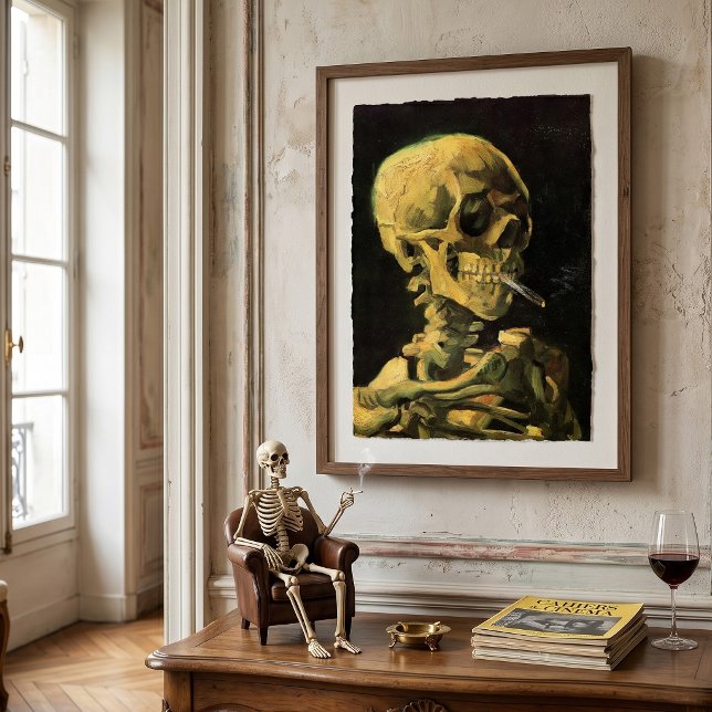 Affiche Crâne avec cigarette allumée par Vincent van Gogh (Skull with Burning Cigarette by Vincent van Gogh is a vintage fine art post impressionism painting.)