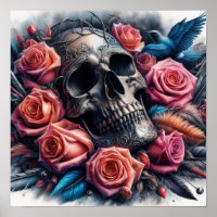 Crâne avec Roses et Bluebird