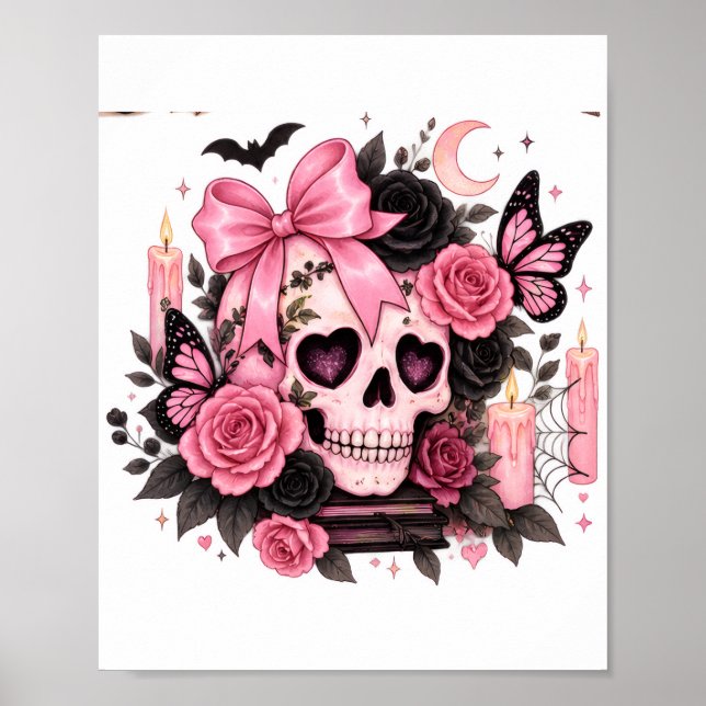 Affiche Crâne Coquette Gothique Ruban Rose Halloween (Devant)