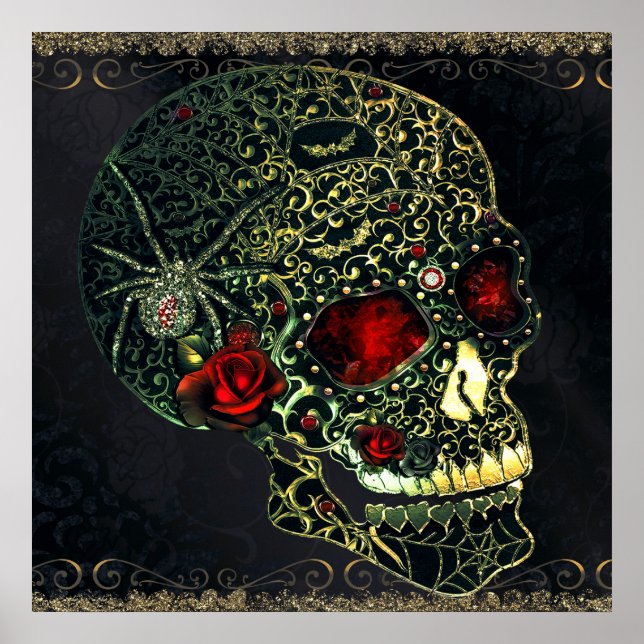 Affiche Crâne de araignée à bijoux et roses filigranes got (Devant)
