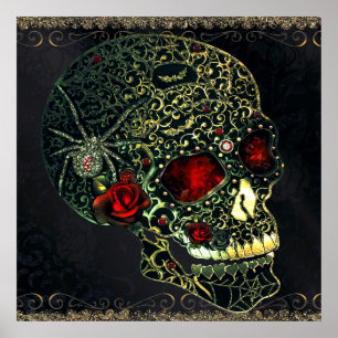 Affiche Crâne de araignée orné de bijoux et roses filigran