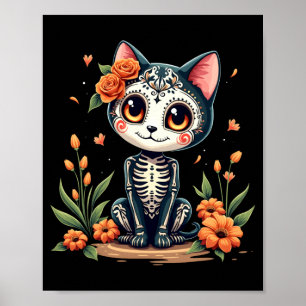 Affiche Crâne de chat sucré coloré Halloween mexicain