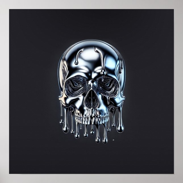 Affiche Crâne de fête d'Halloween argent chrome liquide go (Devant)