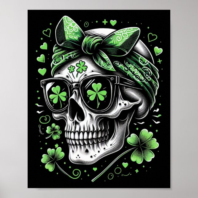 Affiche Crâne de la Saint-Patrick Chignon Décoiffé Trèfles (Devant)