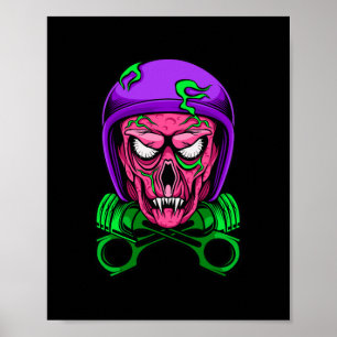Affiche Crâne de motard zombie néon avec pistons croisés