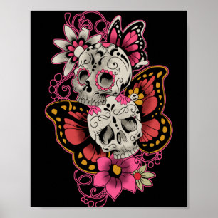 Affiche Crâne de sucre Papillon Fleurs Jour Des