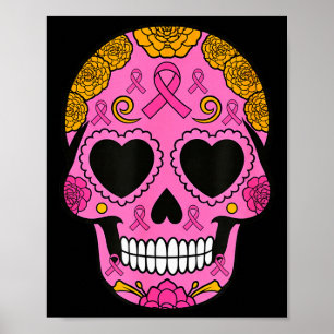 Affiche Crâne de Sucre Ruban Rose de Sensibilisation au Ca