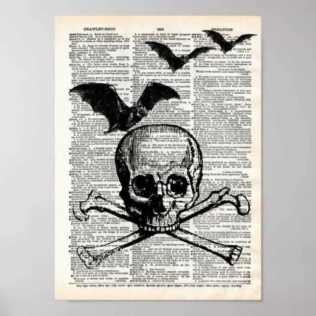 Affiche Crâne et chauves-souris Halloween Dictionnaire Art (Devant)