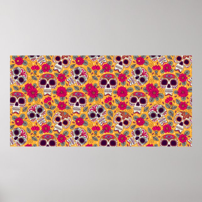 Affiche Crâne et fleurs. Arrière - plan sans couture. da m (Devant)