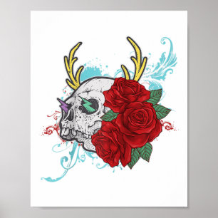 Affiche Crâne Fleur Et Tatouage Rose Art Graphique Floral