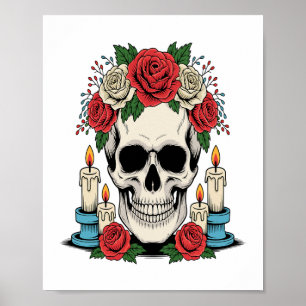 Affiche Crâne floral avec bougies Halloween