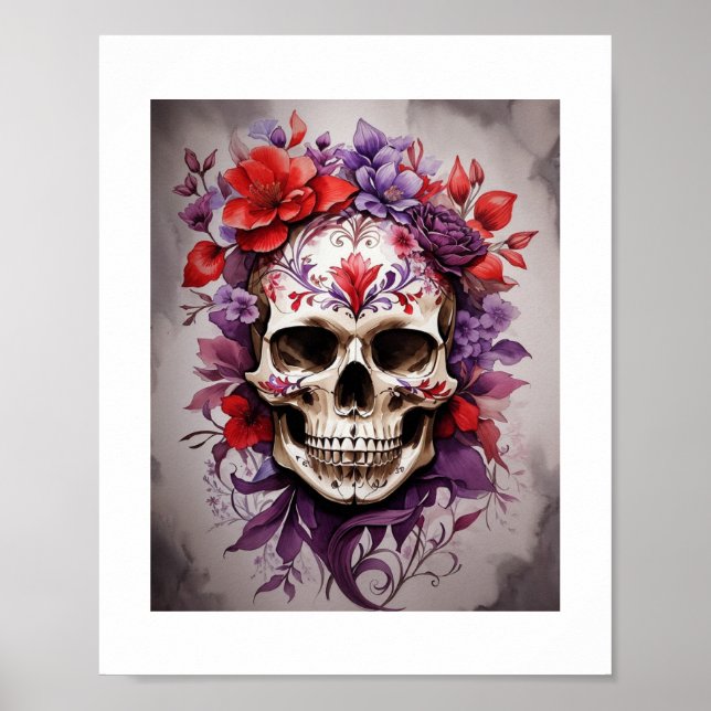 Affiche Crâne floral rouge et violet Halloween Art mur (Devant)