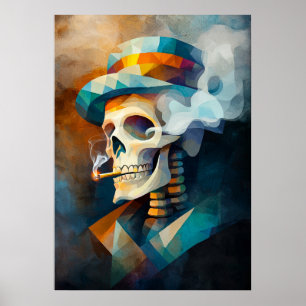 Affiche Crâne fumant une cigarette - Cubiste Minimaliste