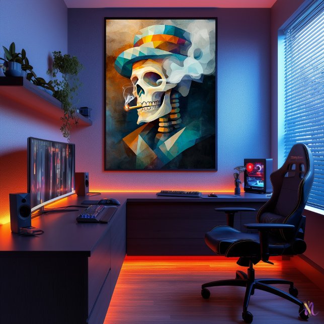 Affiche Crâne fumant une cigarette - Cubiste Minimaliste (Créateur téléchargé)