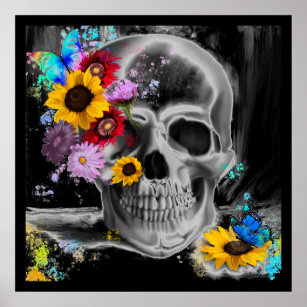Affiche Crâne gothique floral fleurs papillons