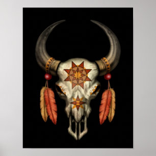Affiche Crâne indigène décoré de Taureau avec des plumes