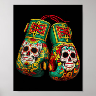 Affiche Crâne Mexicain Gants de Boxe en Sucre Azteque Maya