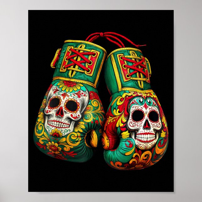 Affiche Crâne Mexicain Gants de Boxe en Sucre Azteque Maya (Devant)