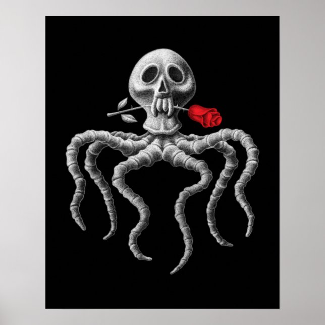 Affiche Crâne octopique noir et blanc avec Rose rouge (Devant)