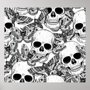 Affiche Crâne, papillons : motif vintage à main