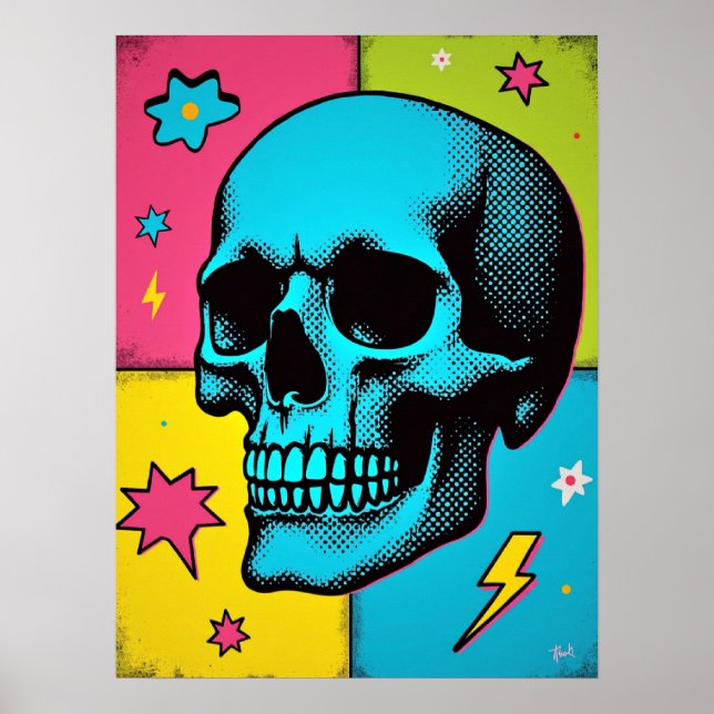 Affiche Crâne pop art avec points demi-tons néon (Devant)