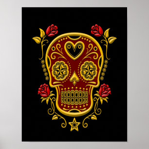 Affiche Crâne rouge et jaune de sucre avec des roses sur