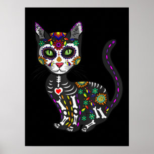 Affiche Crâne sucre Chat mexicain Halloween Jour De La Mor