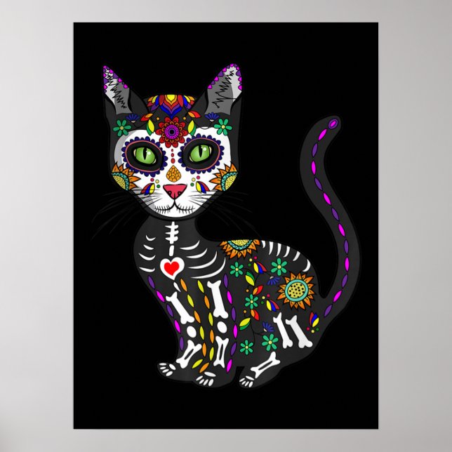 Affiche Crâne sucre Chat mexicain Halloween Jour De La Mor (Devant)
