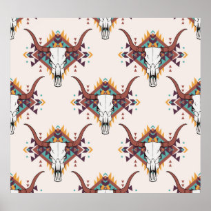 Affiche Crâne taureau de la tribu : Boho Seamless
