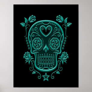 Affiche Crâne turquoise à sucre bleu avec Roses sur noir