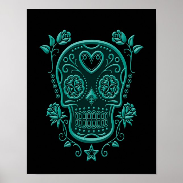 Affiche Crâne turquoise à sucre bleu avec Roses sur noir (Devant)