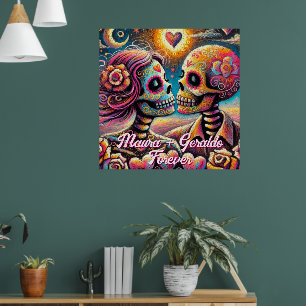Affiche Crânes de sucre en amour Pastel à la craie personn