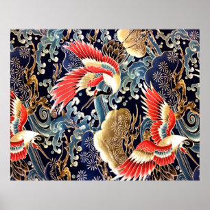 Affiche CRANES DE VOL, VAGUES, FLEURS DE PRINTEMPS Japonai