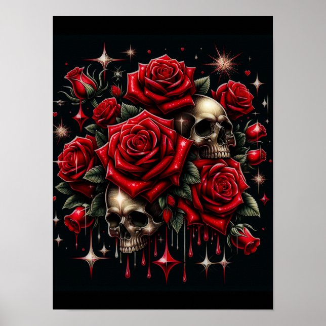 Affiche Crânes dorés et roses rouges scintillent de glamou (Devant)