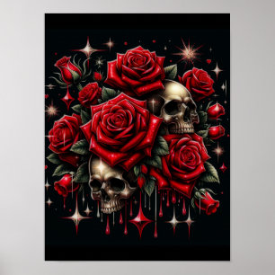 Affiche Crânes dorés & Roses rouges scintillent Glamour go