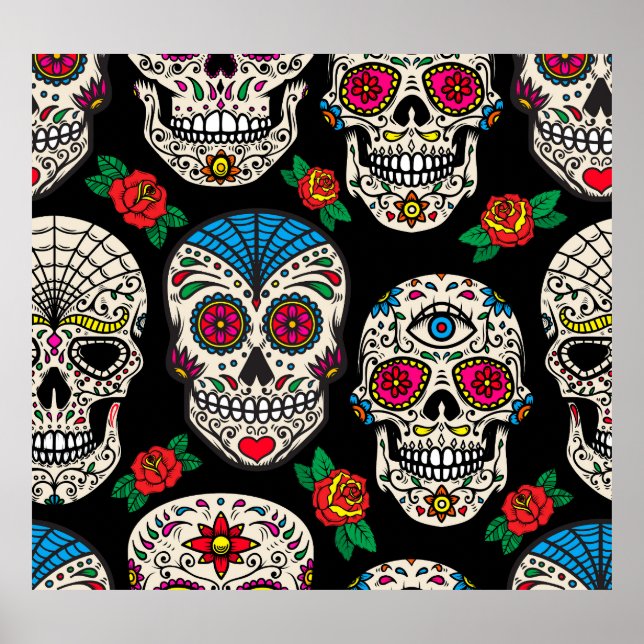 Affiche Crânes et Roses mexicains : Conception Vintage (Devant)